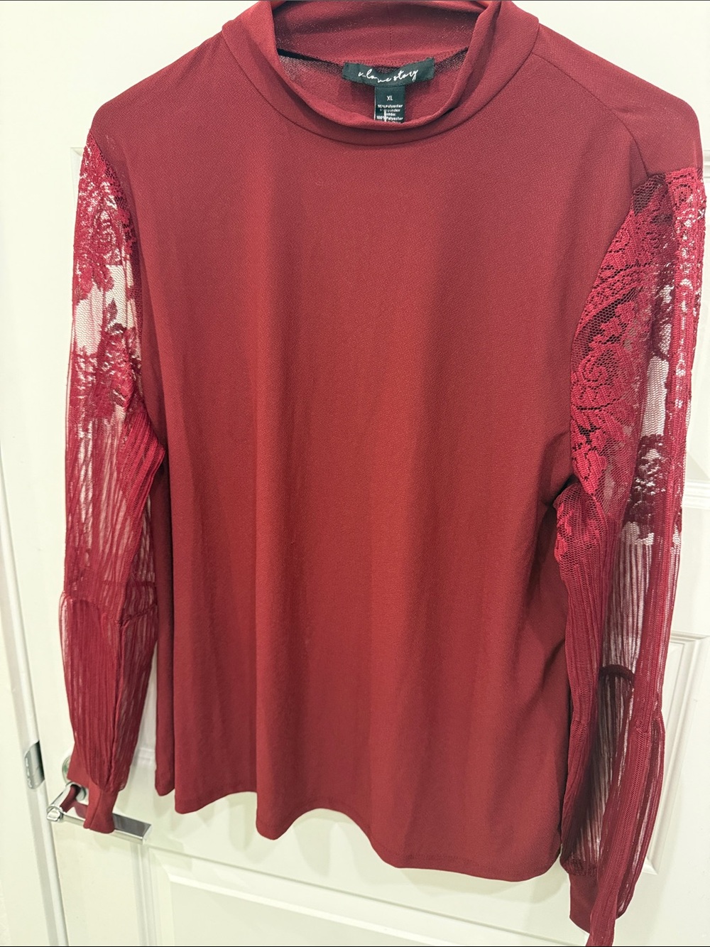 Lace-Sleeve Mock Neck Long Sleeve Top in Deep Red